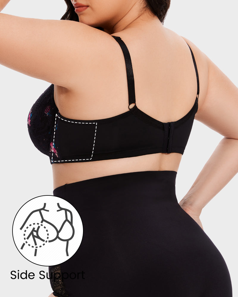 Soutien-gorge push-up à couverture complète avec bordure en dentelle en V profond