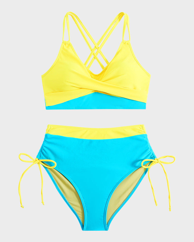 Ensemble bikini croisé dans le dos avec cordon de serrage et blocs de couleurs