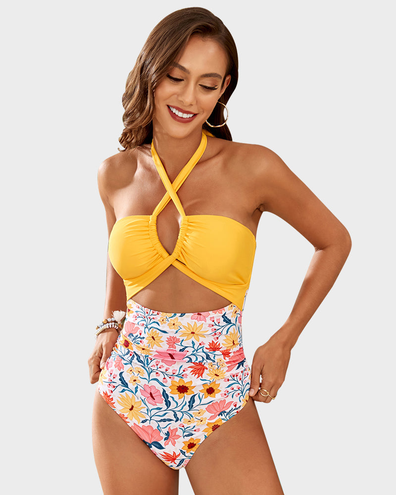 Halter Neck Cut-Out  Ruched One Piece Swimsuit