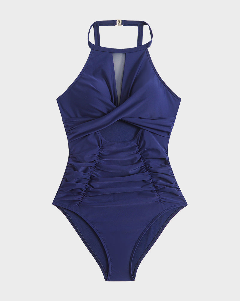 Round Neck Cut-Out Mesh Panel Ruched Swimsuit