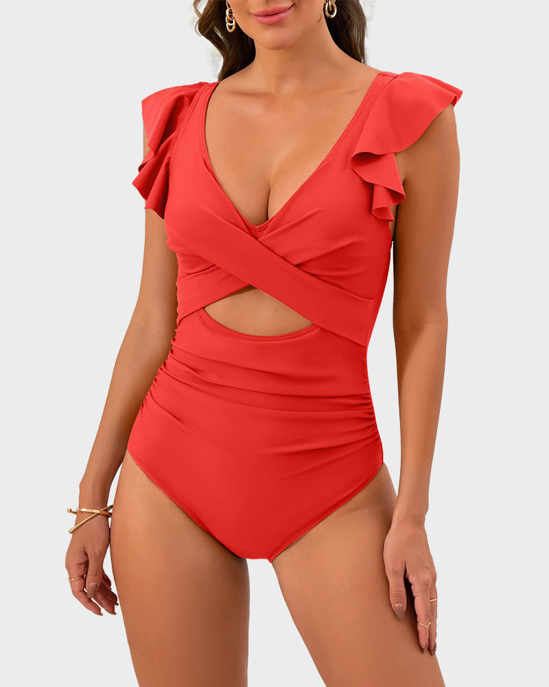 Ruffle Sleeve Cut-Out Ruched One-Piece Swimsuit