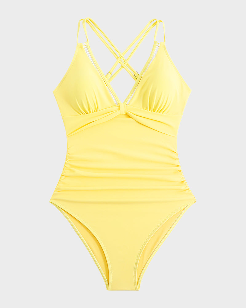 V-Neck Hollow Trim Knotted One-Piece Swimsuit