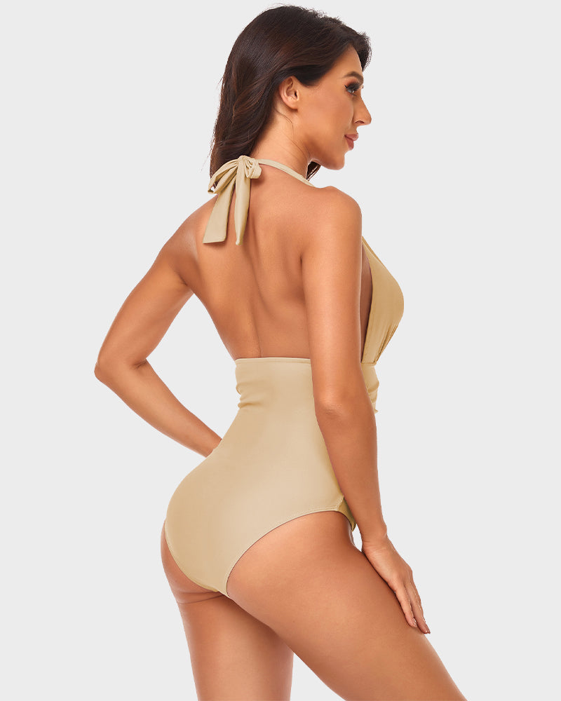 Halter Neck Deep V Ruched One-Piece Swimsuit