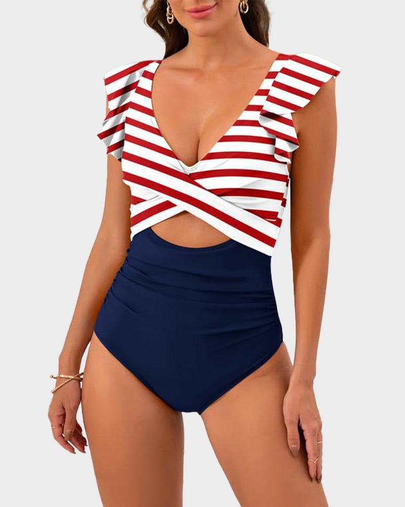 Ruffle Sleeve Cut-Out Ruched One-Piece Swimsuit