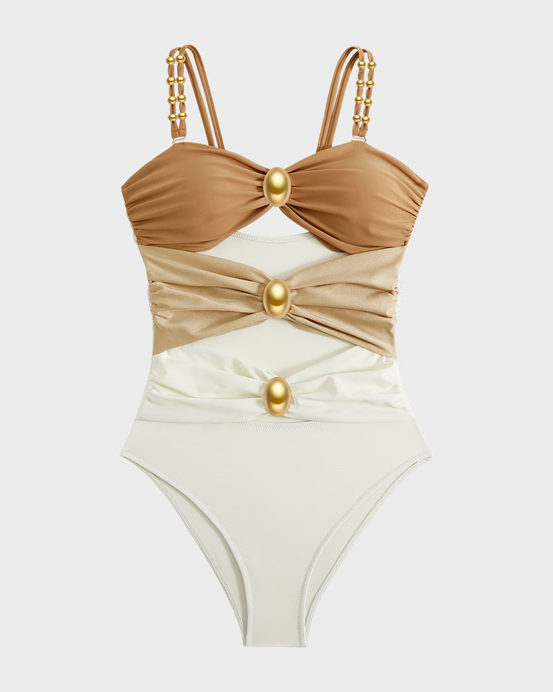 Gold Beads Detailing Cut-Out Ruched One Piece Swimsuit