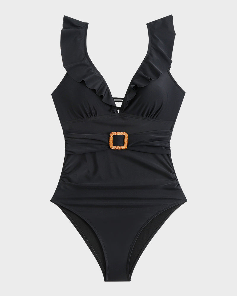 Deep V Ruffled Sleeve Belt Detailing Ruched Swimsuit