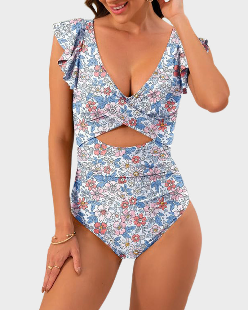 Ruffle Sleeve Cut-Out Ruched One-Piece Swimsuit