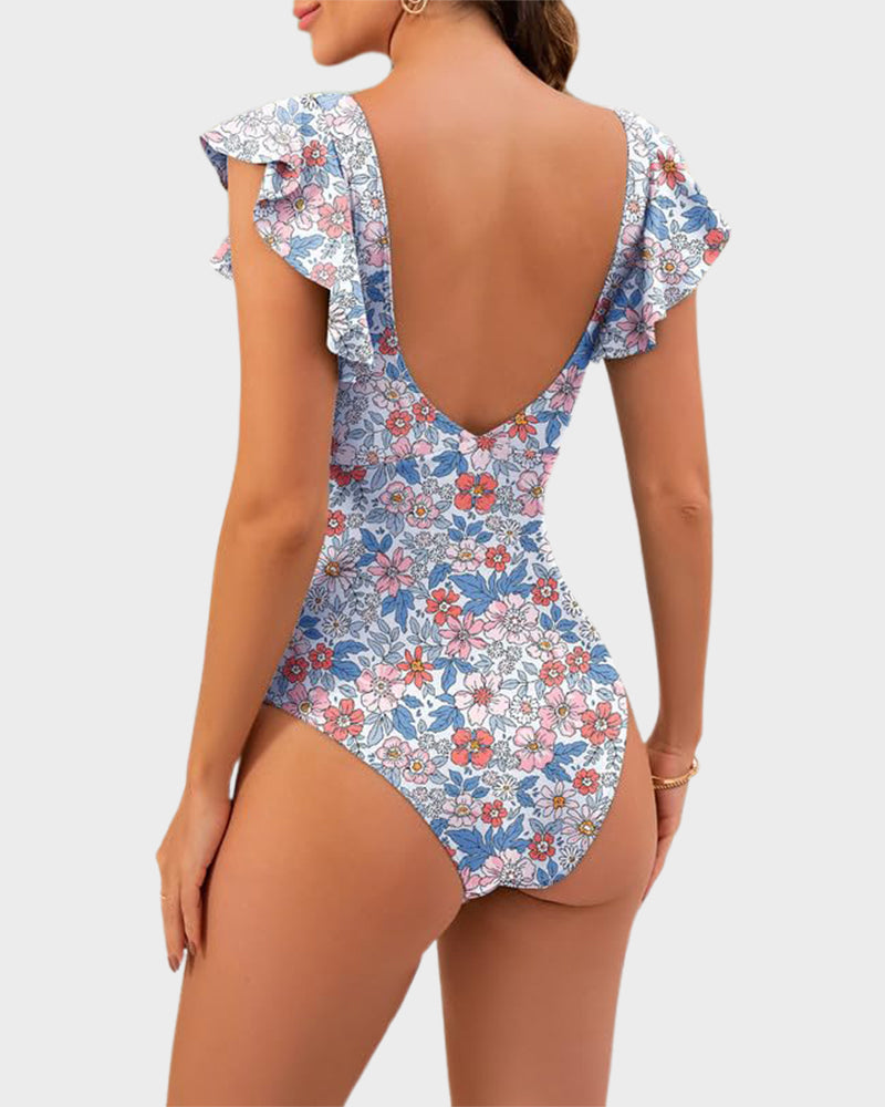 Ruffle Sleeve Cut-Out Ruched One-Piece Swimsuit