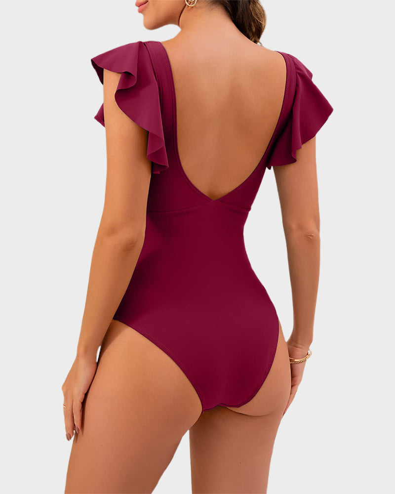 Ruffle Sleeve Cut-Out Ruched One-Piece Swimsuit