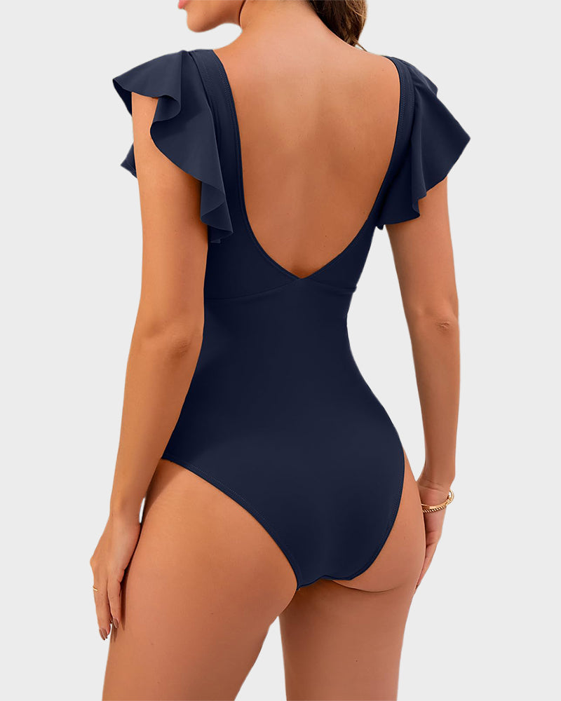 Ruffle Sleeve Cut-Out Ruched One-Piece Swimsuit