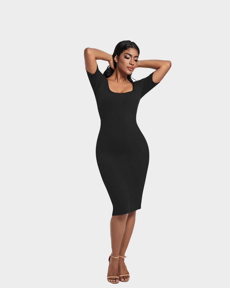 Built-In Shapewear Short Sleeve Square Neck Dress