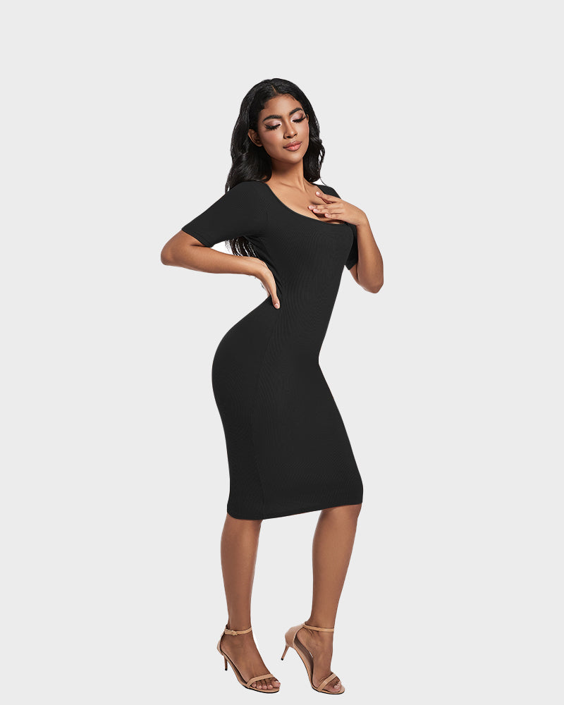 Built-In Shapewear Short Sleeve Square Neck Dress