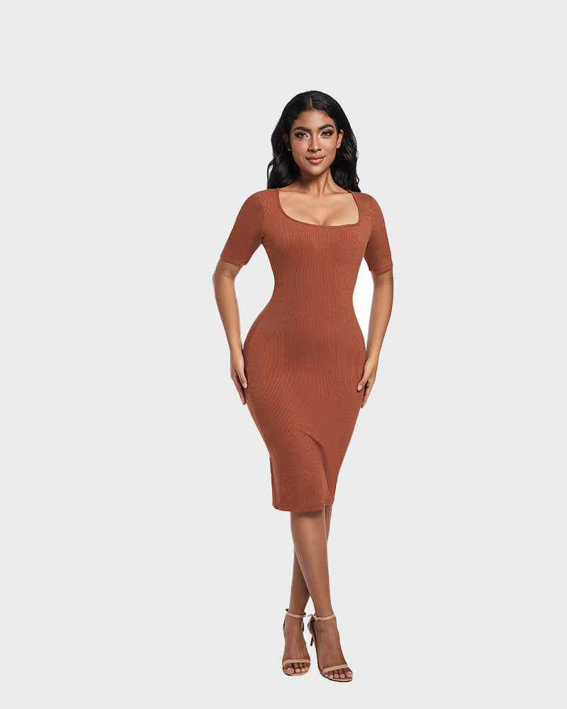 Built-In Shapewear Short Sleeve Square Neck Dress