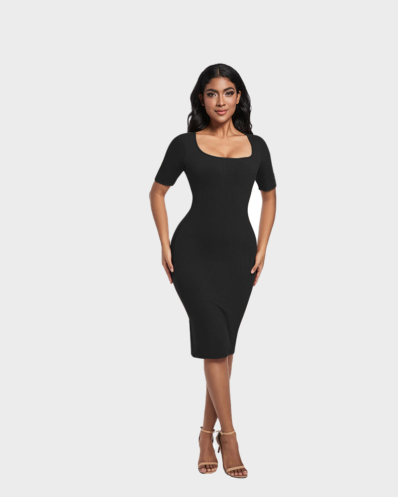 Built-In Shapewear Short Sleeve Square Neck Dress