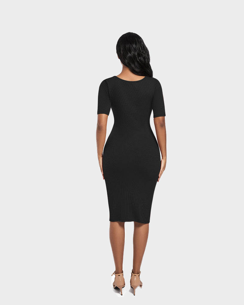 Built-In Shapewear Short Sleeve Square Neck Dress