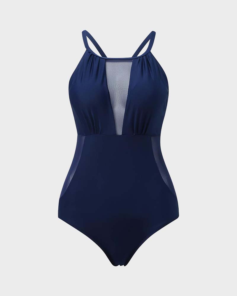 Maillot de bain une pièce à empiècement en maille et dos croisé