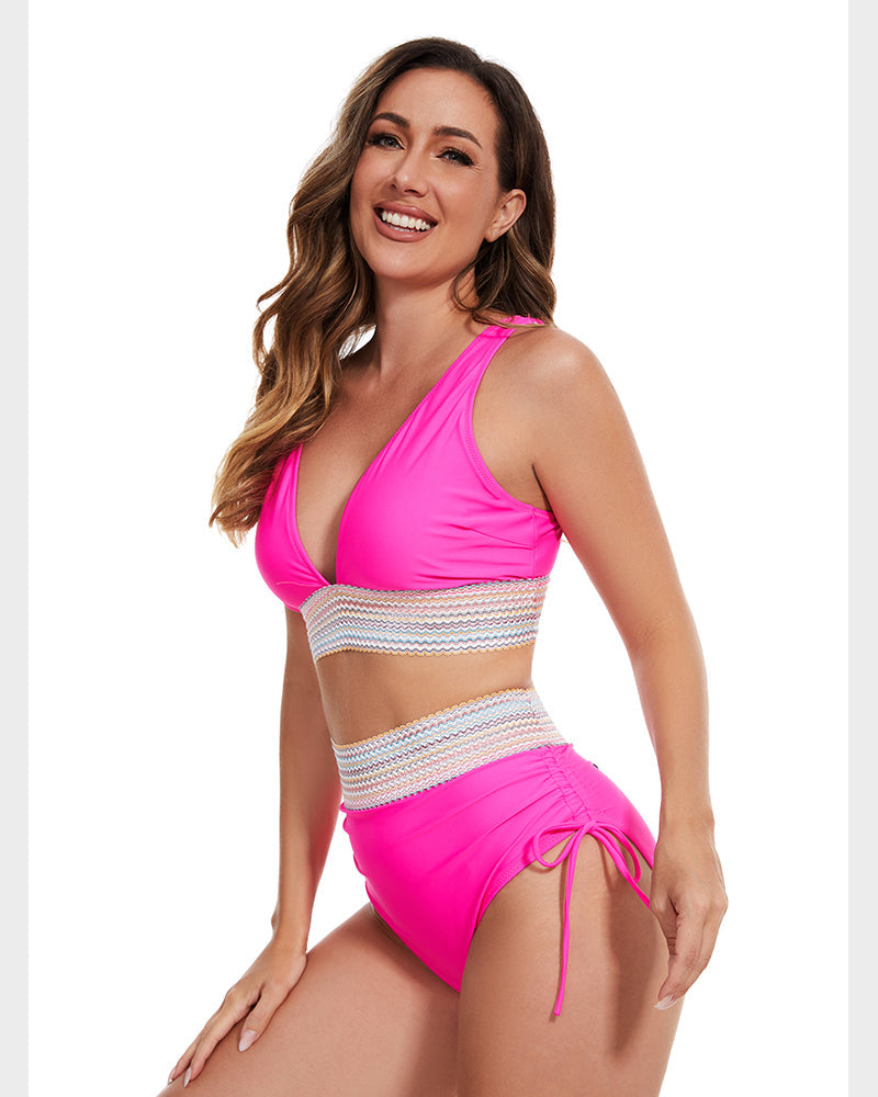 Ensemble de bikini taille haute à blocs de couleurs et contrôle du ventre