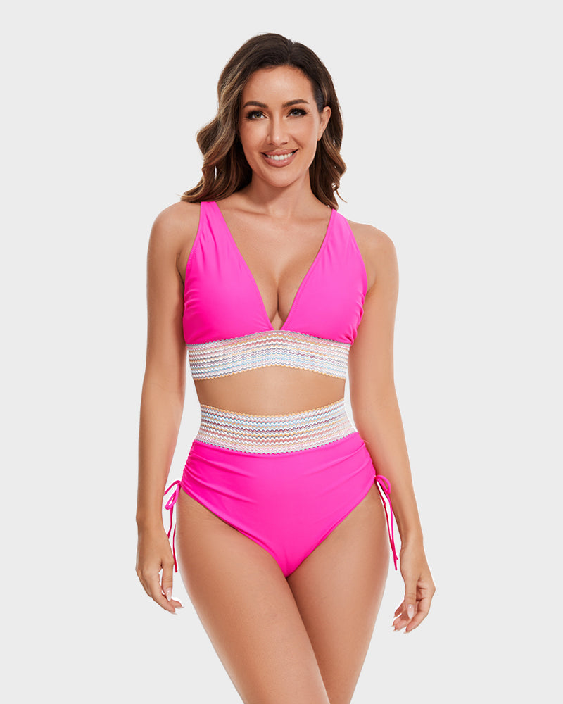 High Waisted Tummy Control Color Block Bikini Sets