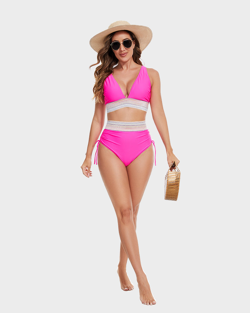 High Waisted Tummy Control Color Block Bikini Sets