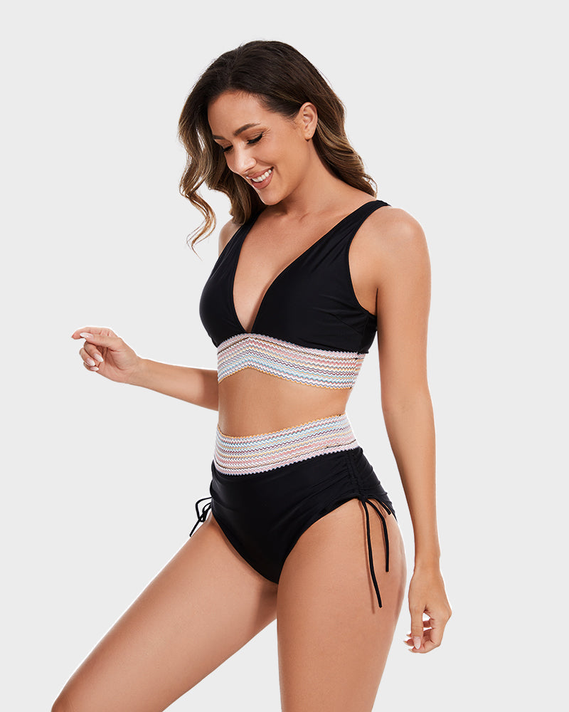 Ensemble de bikini taille haute à blocs de couleurs et contrôle du ventre